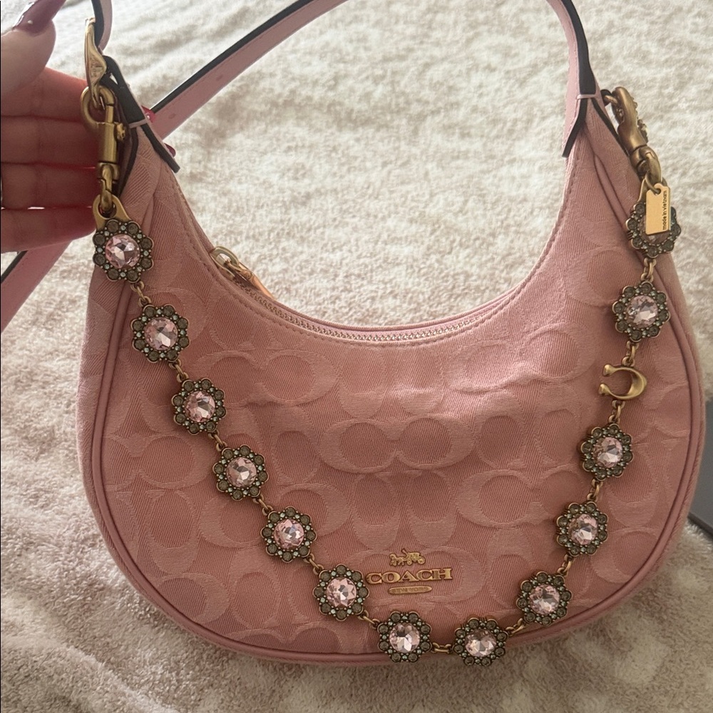 Coach Pink Signature Emily Shoulder Bag with Crystal Floral Strap